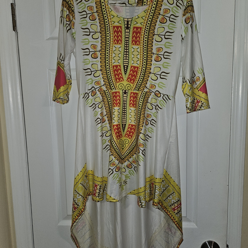 White Embroidered Dashiki-Style Women's Dress with Yellow & Red Accents